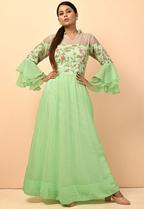 Embroidered Georgette and Net Gowns in Pastel Green