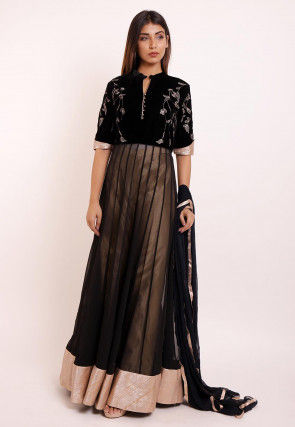 Embroidered Georgette and Velvet Abaya Style Suit in Black