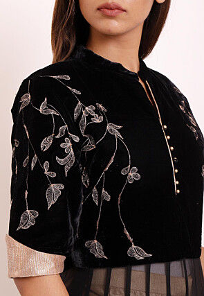 Embroidered Georgette and Velvet Abaya Style Suit in Black