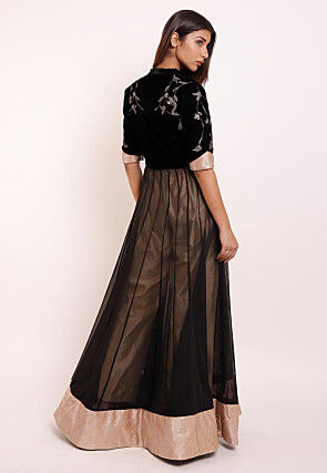 Embroidered Georgette and Velvet Abaya Style Suit in Black