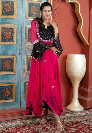 Embroidered Georgette Asymmetric A Line Kurta in Fuchsia