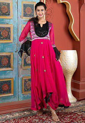 Embroidered Georgette Asymmetric A Line Kurta in Fuchsia