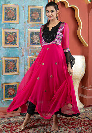 Embroidered Georgette Asymmetric A Line Kurta in Fuchsia