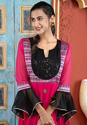 Embroidered Georgette Asymmetric A Line Kurta in Fuchsia