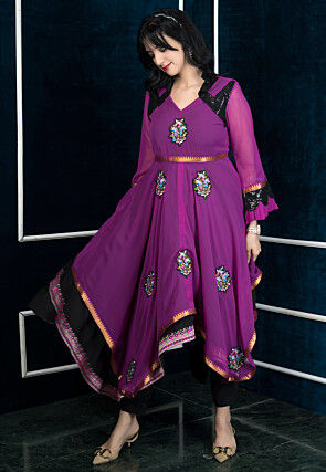 Embroidered Georgette Asymmetric A Line Kurta in Purple