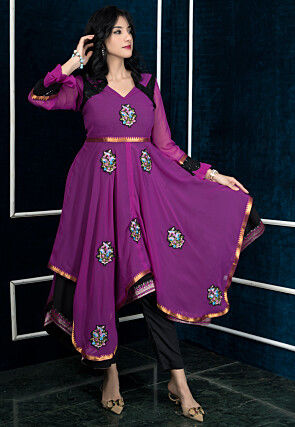 Embroidered Georgette Asymmetric A Line Kurta in Purple