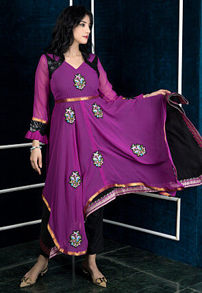 Embroidered Georgette Asymmetric A Line Kurta in Purple