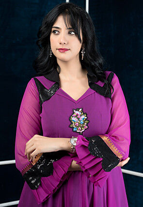 Embroidered Georgette Asymmetric A Line Kurta in Purple