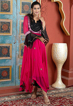 Embroidered Georgette Asymmetric A Line Kurta Set in Fuchsia
