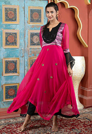 Embroidered Georgette Asymmetric A Line Kurta Set in Fuchsia