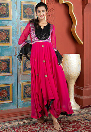 Embroidered Georgette Asymmetric A Line Kurta Set in Fuchsia