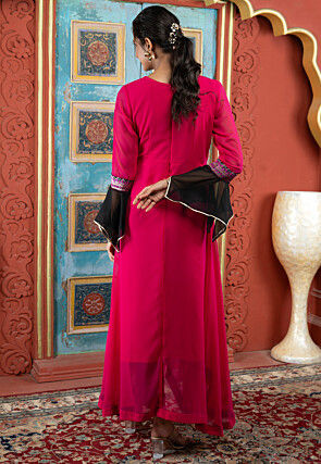 Embroidered Georgette Asymmetric A Line Kurta Set in Fuchsia