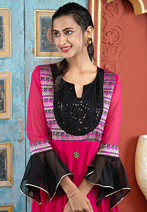 Embroidered Georgette Asymmetric A Line Kurta Set in Fuchsia