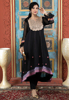 Embroidered Georgette Asymmetric A Line Kurta Set in Black