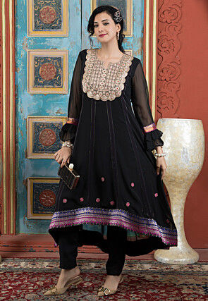 Embroidered Georgette Asymmetric A Line Kurta Set in Black
