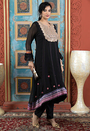 Embroidered Georgette Asymmetric A Line Kurta Set in Black