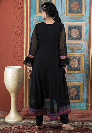 Embroidered Georgette Asymmetric A Line Kurta Set in Black