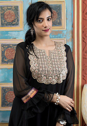 Embroidered Georgette Asymmetric A Line Kurta Set in Black