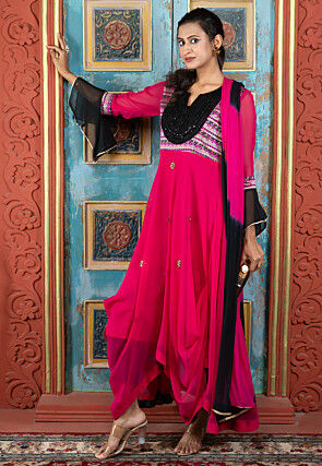 Embroidered Georgette Asymmetric A Line Suit in Fuchsia