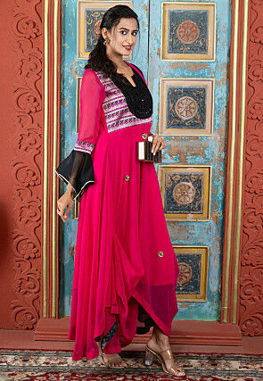 Embroidered Georgette Asymmetric A Line Suit in Fuchsia