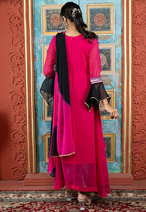 Embroidered Georgette Asymmetric A Line Suit in Fuchsia