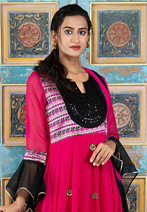 Embroidered Georgette Asymmetric A Line Suit in Fuchsia