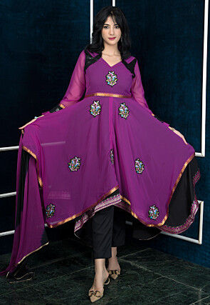 Embroidered Georgette Asymmetric A Line Suit in Purple