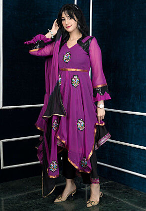 Embroidered Georgette Asymmetric A Line Suit in Purple