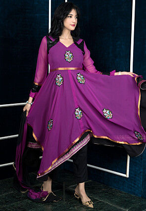 Embroidered Georgette Asymmetric A Line Suit in Purple