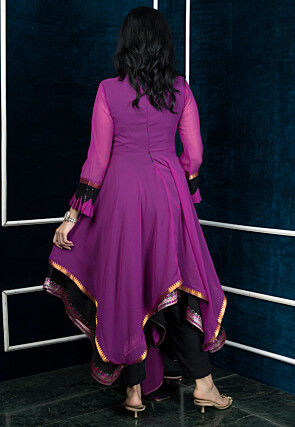 Embroidered Georgette Asymmetric A Line Suit in Purple
