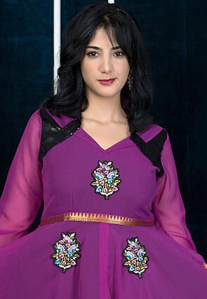 Embroidered Georgette Asymmetric A Line Suit in Purple