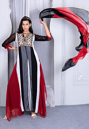 Embroidered Georgette Asymmetric Abaya Style Suit in Multicolor