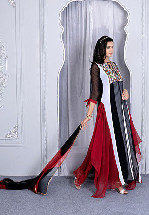 Embroidered Georgette Asymmetric Abaya Style Suit in Multicolor
