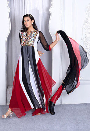 Embroidered Georgette Asymmetric Abaya Style Suit in Multicolor