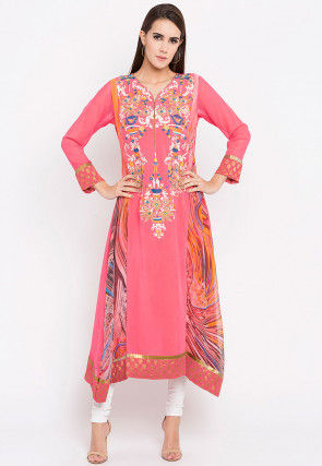 Embroidered Georgette Asymmetric Anarkali Kurta in Pink