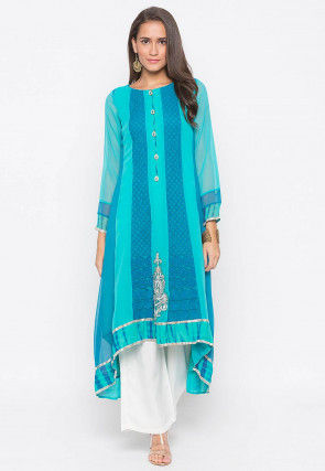 Embroidered Georgette Asymmetric Anarkali Kurta Set in Blue