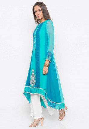 Embroidered Georgette Asymmetric Anarkali Kurta Set in Blue