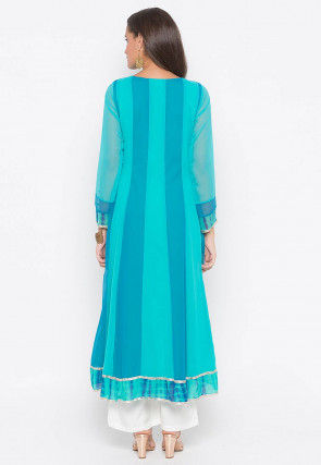 Embroidered Georgette Asymmetric Anarkali Kurta Set in Blue