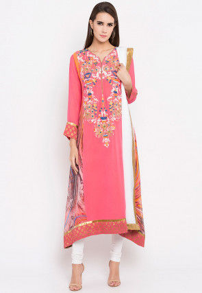 Embroidered Georgette Asymmetric Anarkali Suit in Pink