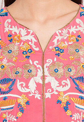 Embroidered Georgette Asymmetric Anarkali Suit in Pink
