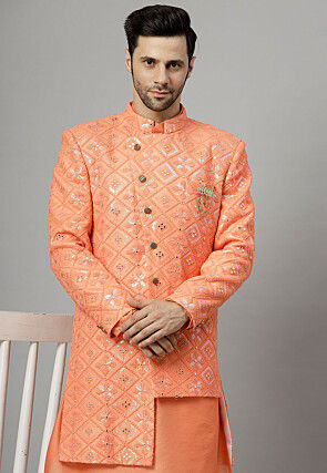 Embroidered Georgette Asymmetric Jacket in Peach