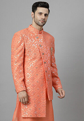 Embroidered Georgette Asymmetric Jacket in Peach