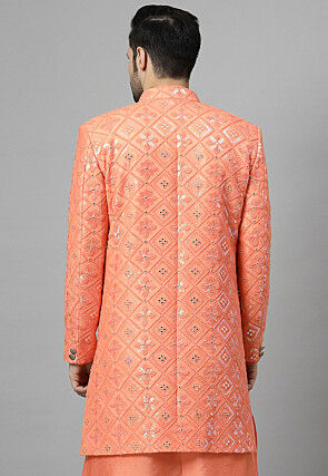 Embroidered Georgette Asymmetric Jacket in Peach