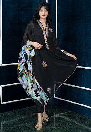 Embroidered Georgette Asymmetric Kurta in Black
