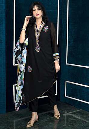 Embroidered Georgette Asymmetric Kurta in Black