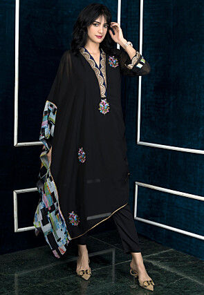 Embroidered Georgette Asymmetric Kurta in Black