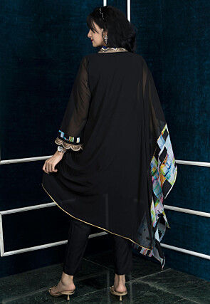 Embroidered Georgette Asymmetric Kurta in Black