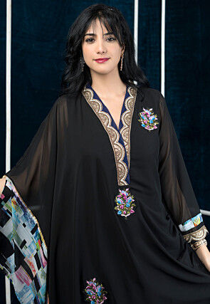 Embroidered Georgette Asymmetric Kurta in Black
