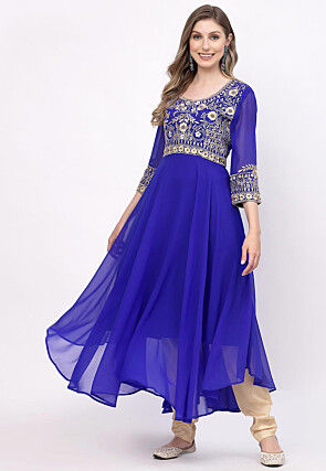 Embroidered Georgette Asymmetric Kurta in Royal Blue
