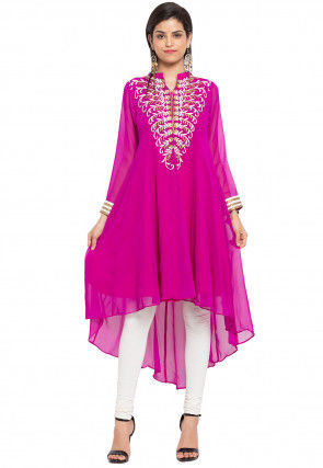 Embroidered Georgette Asymmetric Kurta Set in Fuchsia